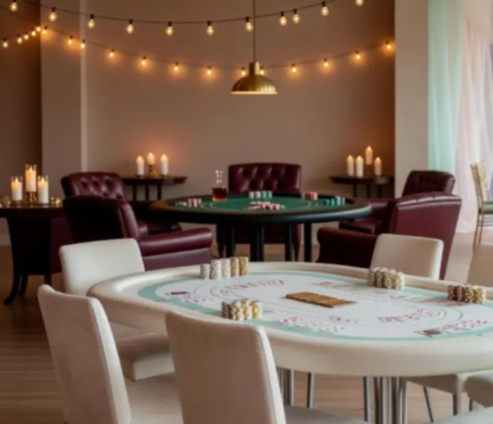 Pastelowo oświetlona sala eventowa w stylu casino