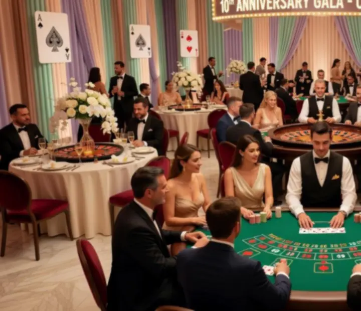 Jubileuszowa gala w stylu casino z pastelową scenografią