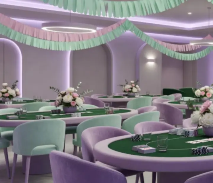 Atmosfera premium podczas wieczoru pokerowego w pastelowej scenografii