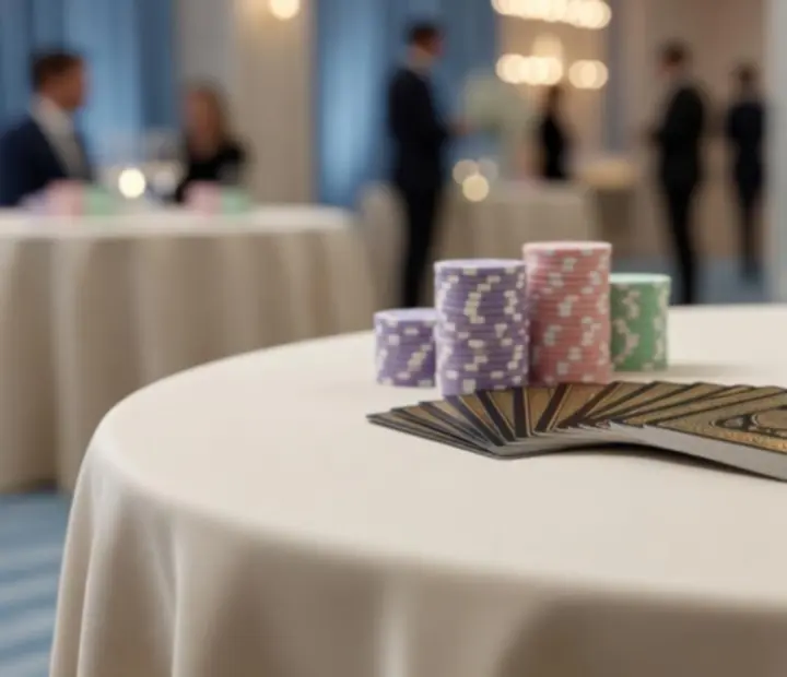 Detal stołu pokerowego z kartami premium i żetonami w pastelowej aranżacji